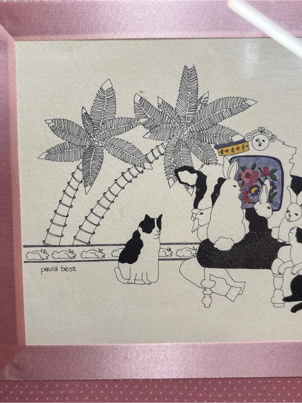 Paula Best Bertholf 1980’s Print With Pink Ribbon Matte Framed 11x9